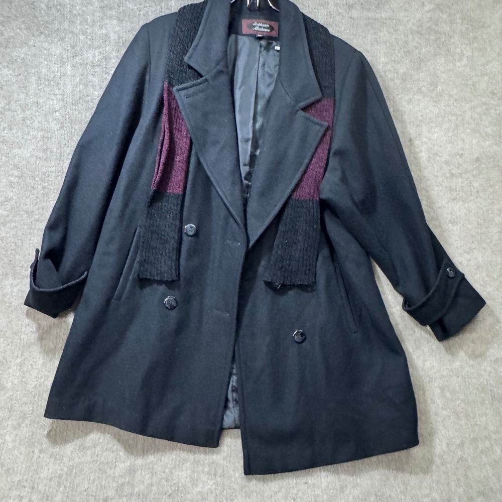 Stephanie Mathews Black Wool Blend Double Breasted Coat & Scarf Accent Size 14